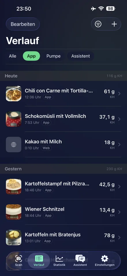 Zuckerpilot App, Ansicht 1